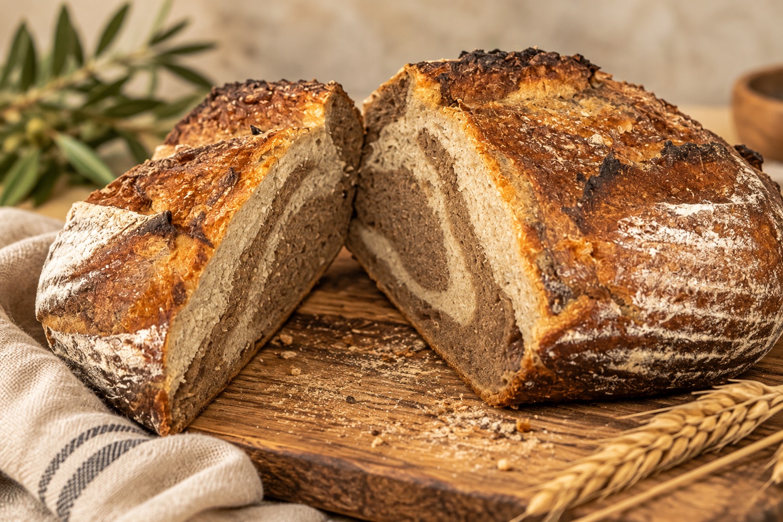 Bread & Blessing rye sourdough sliced to show its swirl and crumb